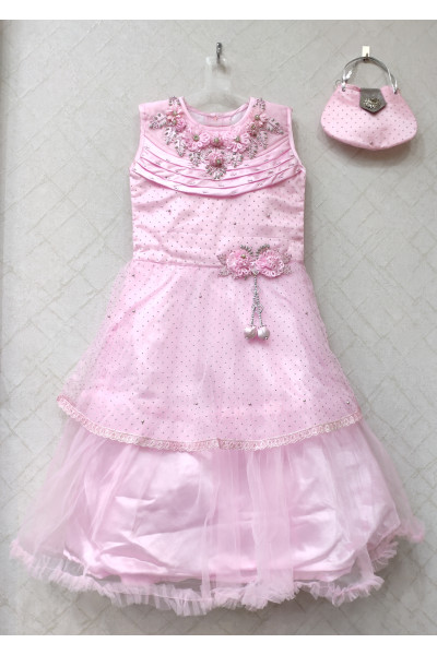 Baby Pink Silk Long Gown For Kids With Applique Work And Fabric Work (KRB28)